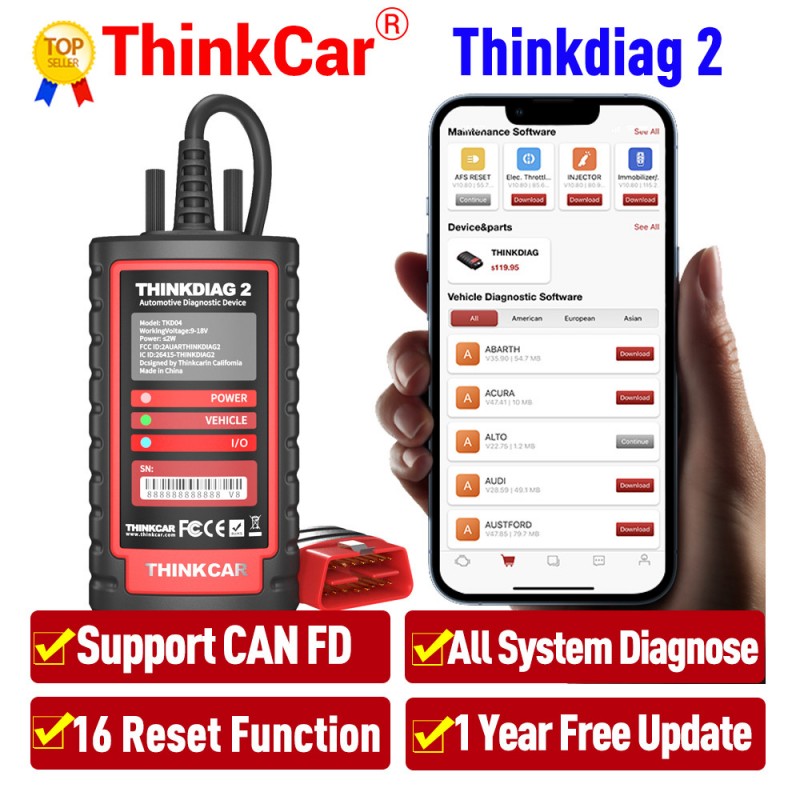 THINKCAR Thinkdiag 2 Support CAN FD Protocols OBD2 Scanner Full Car Manufacture Brands Softwares 16 Reset Functions ECU Coding